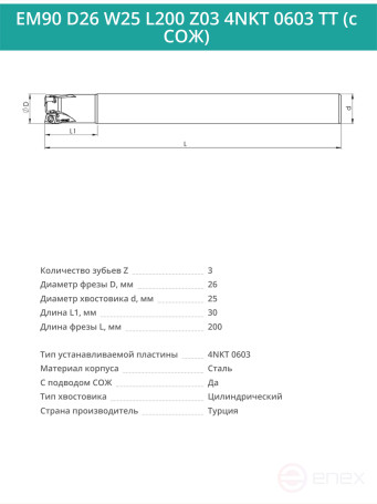 Концевая фреза корпусная 26 мм, 3 зуба, L 200 мм / EM90 D26 W25 L200 Z03 4NKT 0603 TT (с СОЖ)