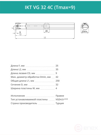 IKT VG 32 4C (Tmax=9) токарный канавочный резец, правый 32 мм / пластина VGD4.0-*** (4) мм
