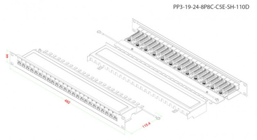 PP3-19-24- 8P8C-C5E-SH-110D Patch panel 19", 1U, 24 ports RJ-45 full. screen., Category 5e, Dual IDC, ROHS, color black