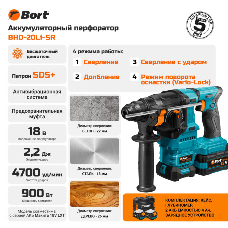 Battery punch BORT BHD-20Li-SR (2x4.0Ah+battery)