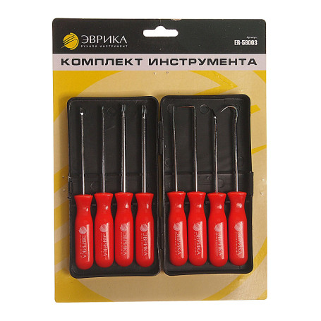 Набор ER-58003 шило (1 шт.)/крючки (изогнутый, 45°, 90°)/отвертки (Sl 1/8, Ph #0, T15, T20), 8 предметов ЭВРИКА 1/12/48