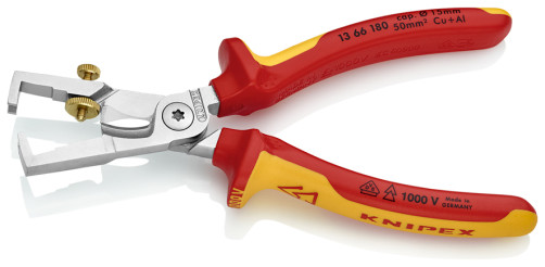 KNIPEX StriX® stripper-cable cutter 2-in-1 for one/many/thin-skinned. VDE cable, cut: cable Ø 15 mm, stripping: Ø 5 mm, L-180 mm, chrome, 2-K handles