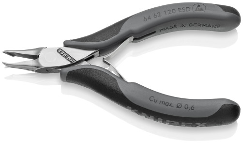 End-end ESD wire cutters for electronics, narrow small chamfer under 65°, spring, cut: provol. soft. Ø 0.6 mm, L-120 mm, 2-K handles