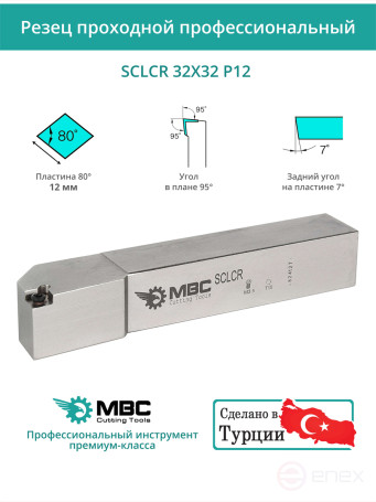 SCLCR 32X32 P12 резец токарный проходной правый 32x32 мм / пластина 12 мм, CCMT 1204**