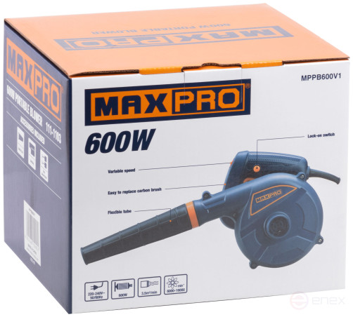 MAX-PRO Воздуходувка-пылесос 600 Вт; 6000-16000 об/мин; 3500 л/мин; 1,5 кг; дополнительные щетки; коробка