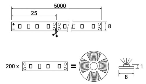 Лента светодиодная - 9,6W/m, 12V, 8мм, 2835, 120 д/м, IP20, холодный белый (6000K) - 5м, AKS