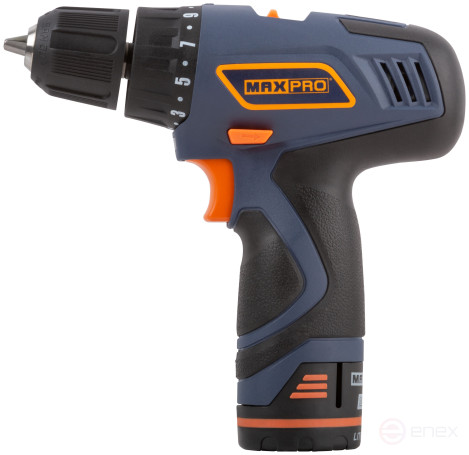 MAX-PRO Cordless Drill-Screwdriver 12V; 0-350/0-1100rpm; 10mm; 30Nm; 2 batteries (SAMSUNG Li-Ion)x1.5Ah; 17+1; 1h.; speed control; rubber