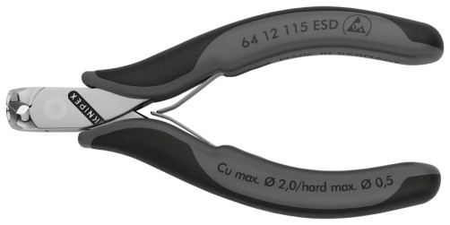 End-end ESD wire cutters for electronics, cutting edges without chamfer, spring, cut: provol. soft. Ø 1.4 mm, cf. Ø 0.8 mm, L-115 mm, 2-K handles