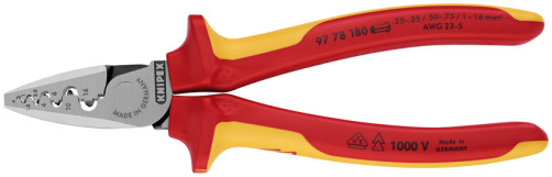 Press pliers for crimping contact sleeves VDE 1000V, number of sockets: 9, 0.25 - 16.0 mm2 (AWG 23 - 5), L-180 mm, dielectric, 2-component handles,