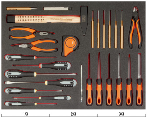 Fit&Go Tool Kit: files + hinge-lip tool + screwdrivers + percussion tool in the base, 27 items