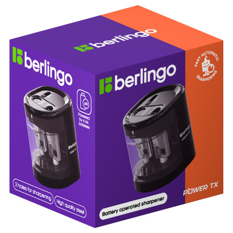 Electric sharpener Berlingo "Power TX" 2 holes, black, with container, cardboard. packaging
