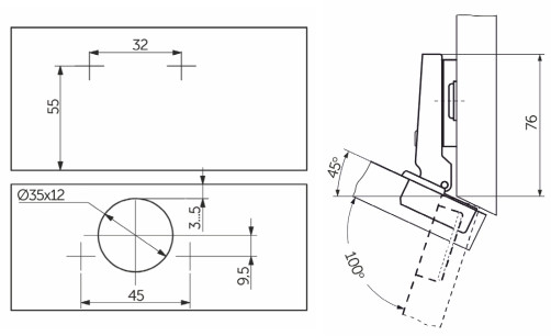 Петля угловая -45° с пружиной 45мм h2 slide-on AKS