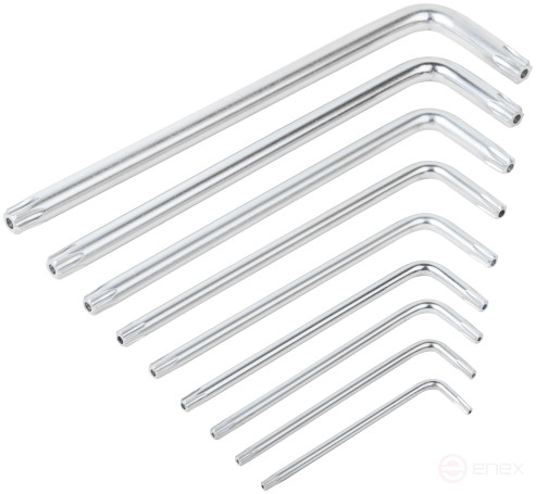 Ключи "звездочки", CrV сталь, 9 шт., Т10-Т50, с отверстием, длинные, в пластиковом держателе