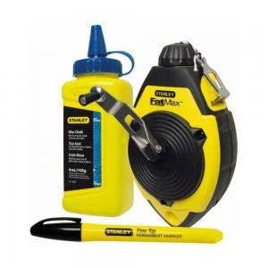 A set of FatMax marking cord in a 30 m plastic case, a bottle of 115 g chalk powder and a STANLEY 0-47-681 marker