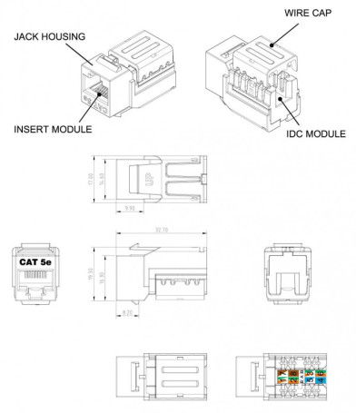 KJNE-8P8C-C5e-90-GN Keystone Jack RJ-45(8P8C) insert, Category 5e, 110 IDC, sealing with NE-TOOL, green
