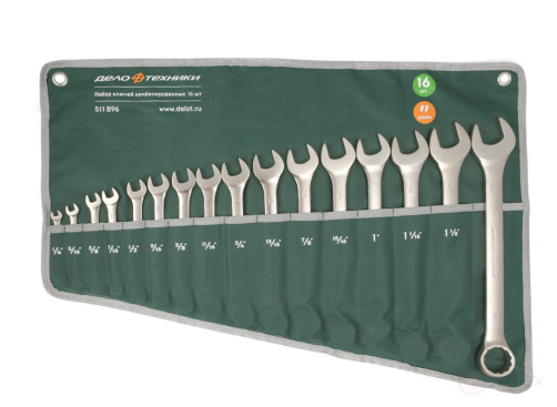 Набор ключей комбинированных дюймовых 16 шт. (1/4, 5/16, 3/8, 7/16, 1/2, 9/16, 5/8, 11/16, 3/4, 13/16, 7/8, 15/16, 1, 1-1/16, 1-1/8, 1-1/4), планшет тетрон
