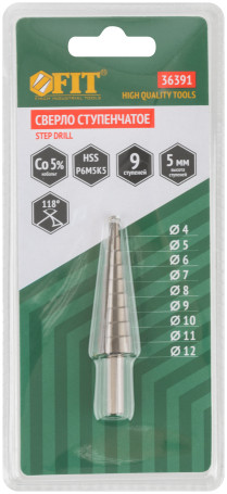 Step drill HSS Co5% ( P6M5K5 ) for metal, 9 steps, 4-12 mm