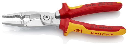 VDE electrical pliers, 6-in-1, stripping: 0.75 - 1.5 + 2.5 mm2, crimp: 0.5 - 2.5 mm2, L-200 mm, cable cutter, chrome, 2-k handles