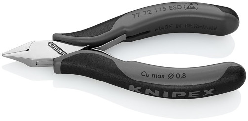 ESD side cutters for electronics, sharp small head, small chamfer, cut: hole. soft. Ø 0.3-0.8 mm, L-115 mm, 2-K handles