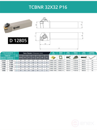 TCBNR 32X32 P16 right-hand turning tool 32x32 mm / plate 16 mm, CNMG 1606**