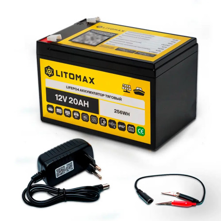 Kit traction battery LITOMAX LiFePO4 12V 20Ah IP67 + Charger single-phase 12V 2A