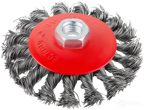 Корщетка-колесо с наклоном, гайка М14, стальная витая проволока 100 мм, блистер
