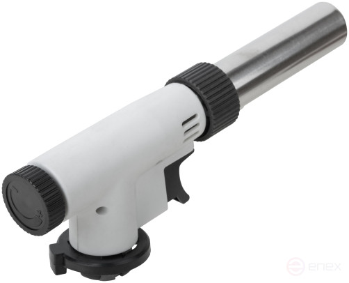 Gas burner for collet cylinder, reservoir.body, with piezo ignition, 360° rotation, adjustableflame shapes, nozzle 22 mm