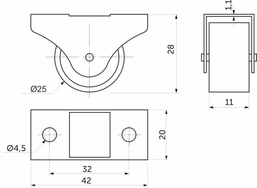 Roller meb. d25 h28 upright, black AKS