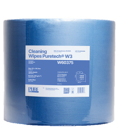 Puretech W60 Non-woven cleaning material, 60g/m2, 1 layer, blue, 36.5 x 32cm, 1000 l/roll W60375