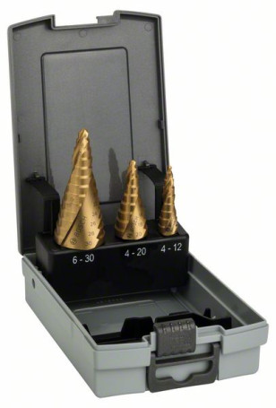 Набор из 3 ступенчатых сверл HSS-TiN 4-12; 4-20; 6-30 mm