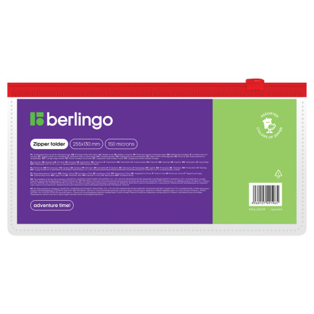 Berlingo 255*130 mm zippered envelope folder, 150 microns, transparent, assorted, for railway and air tickets