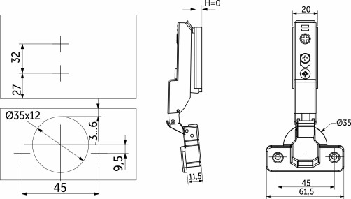 Петля полунакладная с доводчиком 45мм h0 clip-on AKS PLUS 3D узкая (саморезы, заглушки)