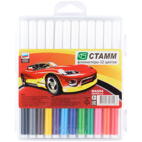 Markers STAMM "Cars", 12 colors, washable, plastic. pencil case, European suspension
