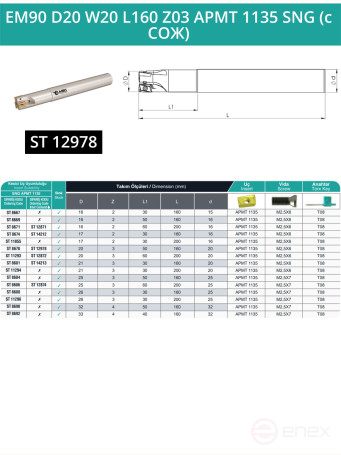 Концевая фреза корпусная 20 мм, 3 зуба, L 160 мм / EM90 D20 W20 L160 Z03 APMT 1135 SNG (с СОЖ)
