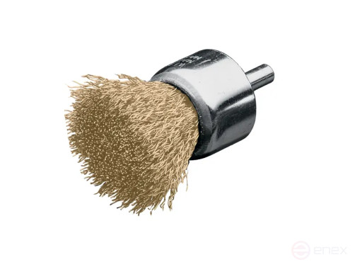 Щетка кисть гофрированная, Д30 мм, хвостовик 6 мм, длина 68 мм, латунная гофрированная проволока MES 0,20 мм, длина рабочей части 25 мм
