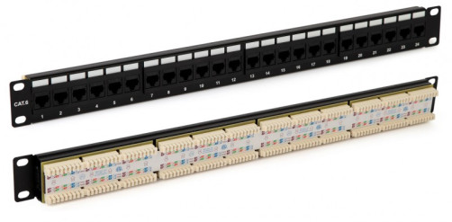 PP3-19-24- 8P8C-C6-110D Patch Panel 19", 1U, 24 RJ-45 ports, Category 6, Dual IDC, ROHS, Color Black (Rear cable organizer included)