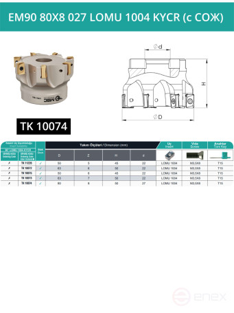 80 mm end milling cutter, 27 mm fit, 8 teeth EM90 80X8 027 LOMU 1004 KYCR (with coolant) for KYOCERA plate