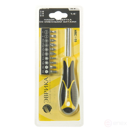 Отвертка-вороток с набором бит и держателем ER-M03-10 1/4" SL0.8х4, SL1x5; PH1,PH2; TORX T15, T20; HEX H4, H5; PZ1,PZ2, 10 предметов ЭВРИКА /1/12/144