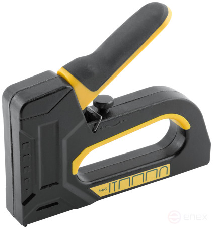 6-in-1 stapler for staples "type 53", "type 53F", "type 140", "type 28", "type 300", "type 500" , 4-14 mm, impact force adjustment, spring mechanism, aluminum