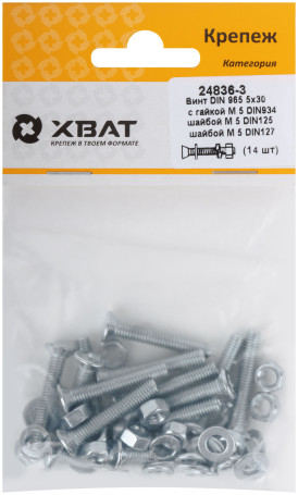 Комплект винт DIN965 5х30, с гайкой М5 DIN934, шайбой М 5 DIN125, шайбой М 5 DIN127 (фасовка 14шт.)