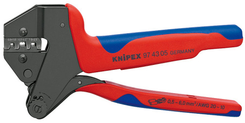 System crimping tool with integrated crimping profile for non-insulated, open plugs (plug width 4.8 and 6.3 mm), L-200 mm