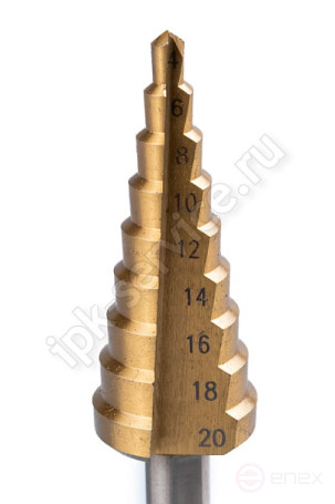 Сверло ступенчатое ф4-20 мм, шаг 2 мм TIN (Подвес/Блистер ИПК)