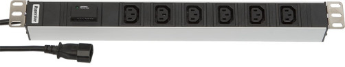 SHT19-6IEC-F-2.5IEC Блок розеток для 19" шкафов, горизонтальный, 6 розеток IEC320 C13, защита от перенапряжения (сменный блок), кабель питания 2.5м (3х1.0мм2) с вилкой IEC320 C14 10A, 250В, 482.6x44.4x44.4мм (ДхШхВ), корпус алюминий