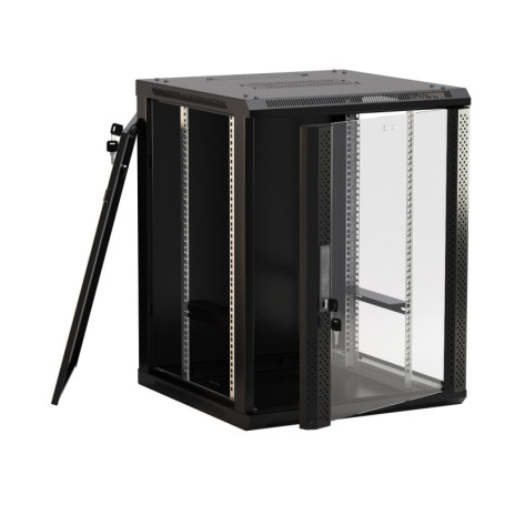 TWB-FC-1545-GP-RAL9004 Wall cabinet 19-inch (19"), 15U, 787x600x450mm, glass door with perforation on the sides, handle with lock, with the possibility of mounting on legs (included), color black (RAL 9004) (disassembled)