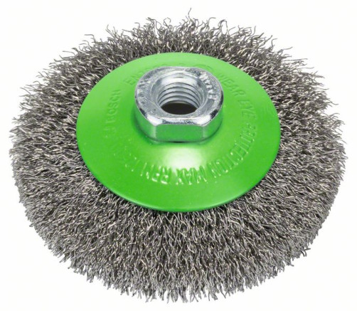 Cone brush with wavy stainless steel wire, 100 mm 100 mm, 0.35 mm, M14