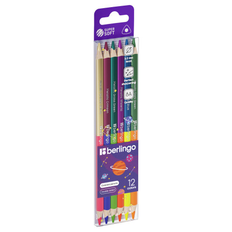 Colored double-sided metallic/neon Berlingo pencils "SuperSoft. Metallic-Neon", 12 colors, 06 pcs., triangular, sharpened, European suspension