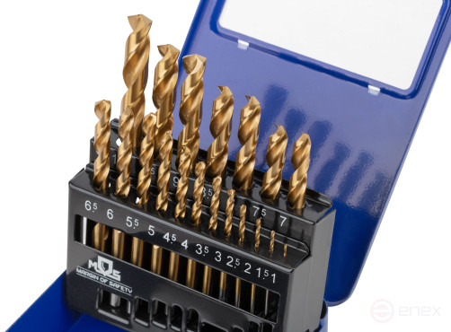 Set of HSS metal drills, ground, titanium coating, sharpening angle 135°, met.box, 19 pcs. (1-10 mm through 0.5 mm)