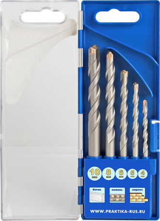 Набор сверл по бетону ПРАКТИКА "Профи" 5шт. 4,5,6,8,10 мм ПРО кассета (640-322)