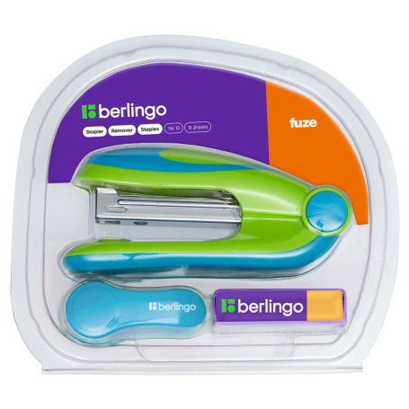 Berlingo "Fuze" set: stapler No. 10 to 15 liters, green; anti-stepler; staples No. 10; blister