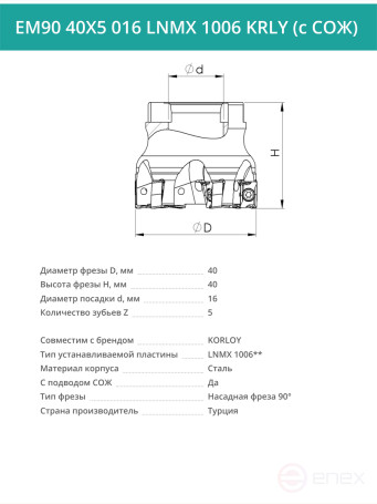Фреза торцевая насадная 40 мм, посадка 16 мм, 5 зубьев EM90 40X5 016 LNMX 1006 KRLY (с СОЖ) под пластину KORLOY